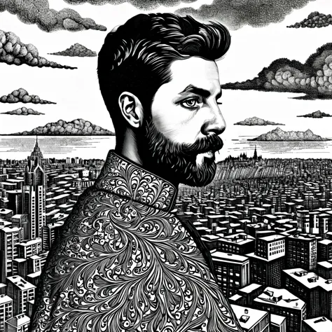 arafed drawing of a man with a beard and a city in the background, a detailed drawing by dan hillier, cg society contest winner,...