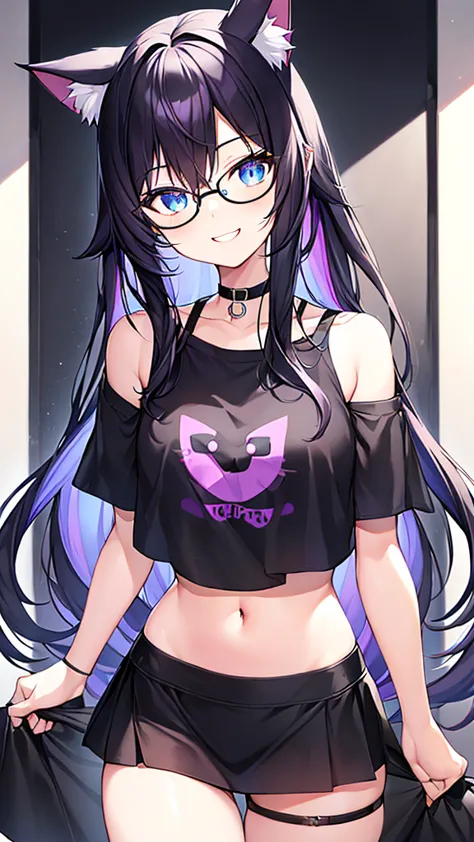 an 18-year-old cat girl with long black hair with purple ends, blue eyes, chest, and round-shaped glasses. (black t shirt , blac...