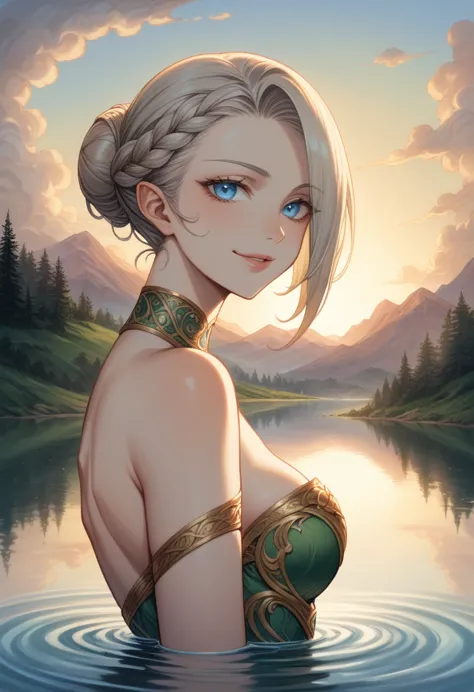 An elegant elf seated on the riverbank, bathed in the warm hues of a sunset, (serene atmosphere:1.2), [reflection in water], (el...