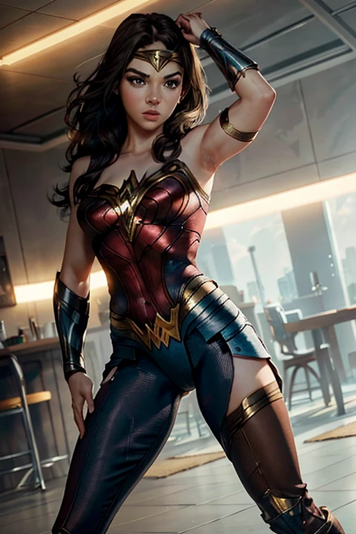 PhotoRealistic Art Style Best Qualit:1.3, Natural Beauty, Masterpiece, Full Body View Visible, Hailee Steinfeld, Perfectly Accurate Face Proportion,Realistic Light Hazel Brown Eyes, Thick Eyebrows, Brown hair, slim toned Thighs, tight ass, perky round breast , slim athletic body type, perfect body type, wonder woman, Poised for Action: In a slightly bent-knee stance, the tight suit accentuates Wonder Woman's buttocks and the curve of her lower back. Her readiness for action is highlighted by the form-fitting fabric clinging to her powerful frame.