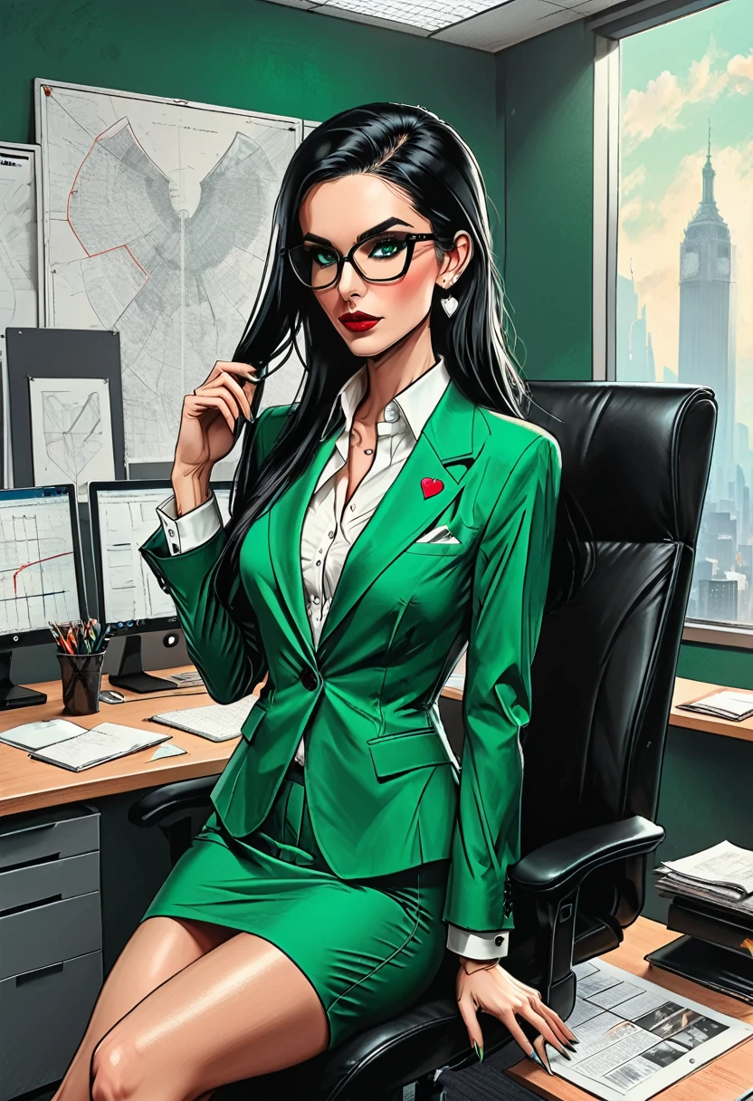 open mouth, serious girl sits in an office chair in black glasses and ((classic green office suit)) and white shirt at office background, girl, adult, [European], Ectomorph elongated body, slim body, skinny, perfect white skin, Long Diamond type Face, Long slim neck, broad shoulders, long slim thin arms, long fingers on the hands, round forehead, Attached Pointed ears,  Long Sleek Straight Ponytail Slicked back black Hair, Hawk long Nose, Upturned Eyes type, Bold Tapered Eyebrows, Angular Narrow Symmetrical Cheekbones, Hollow Cheeks, Square Chin, Square Jawline, Heart Shaped nude Lips, Fine Puppet Wrinkles, (dark green eyes), Cut Crease make up style, Full on Top or Bottom breasts, second breast size, narrow hips, Slim thighs, long slim fitness legs, 

 
graphic style of novel comics,  2d, 8k, hyperrealism, masterpiece, high resolution, best quality, ultra-detailed, super realistic, Hyperrealistic art, high-quality, ultra high res, highest detailed, lot of details, Extremely high-resolution details, incredibly lifelike, colourful, soft cinematic light,