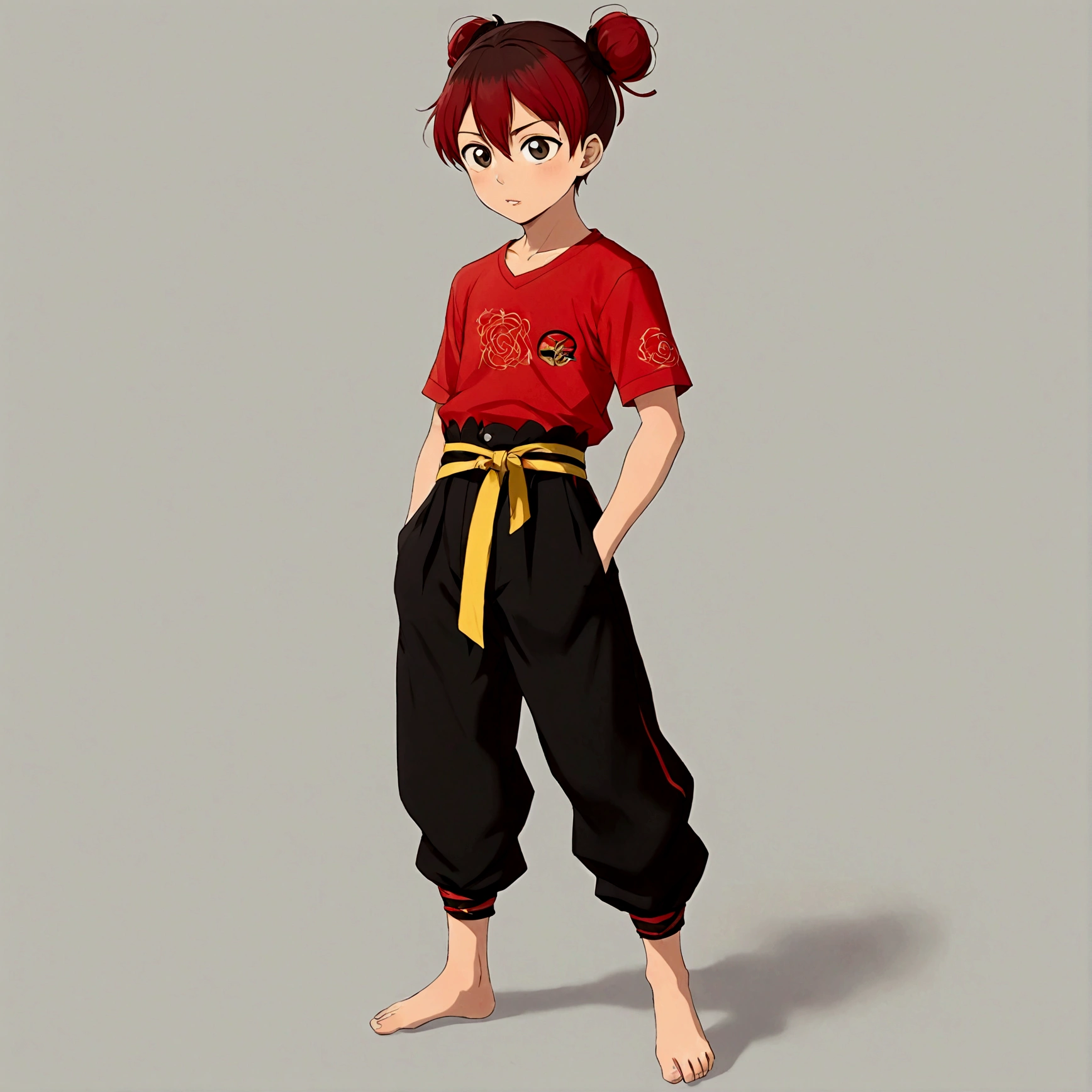 1boy，Cartoon Characters，Double bun，Red hair band，Red shirt，belt，Black pants，barefoot，solo