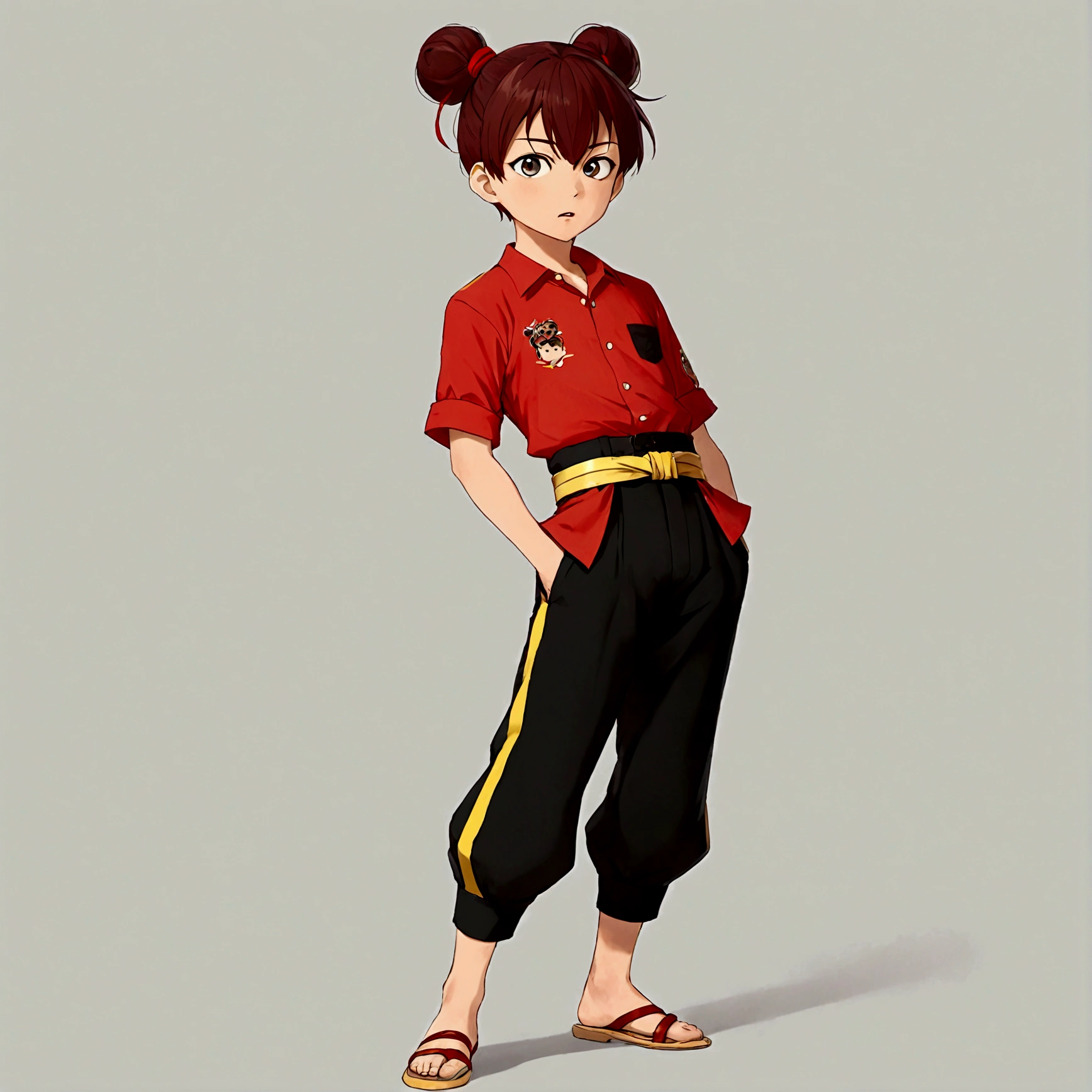 1boy，Cartoon Characters，Double bun，Red hair band，Red shirt，belt，Black pants，barefoot，solo