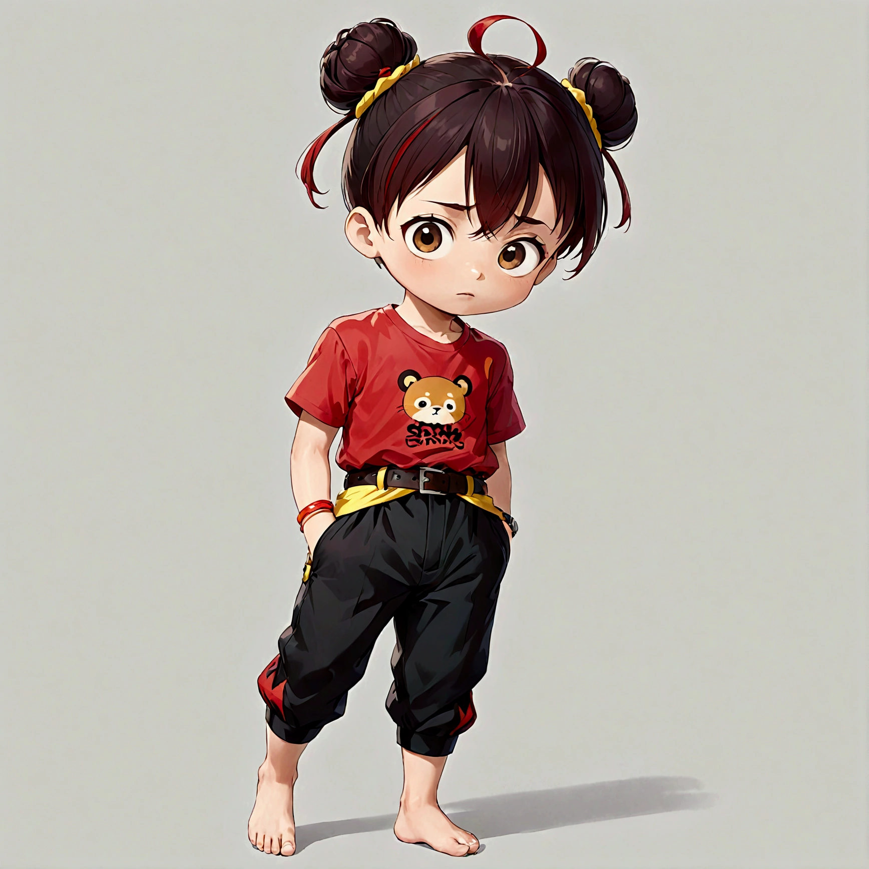 1boy，Cartoon Characters，Double bun，Red hair band，Red shirt，belt，Black pants，barefoot，solo