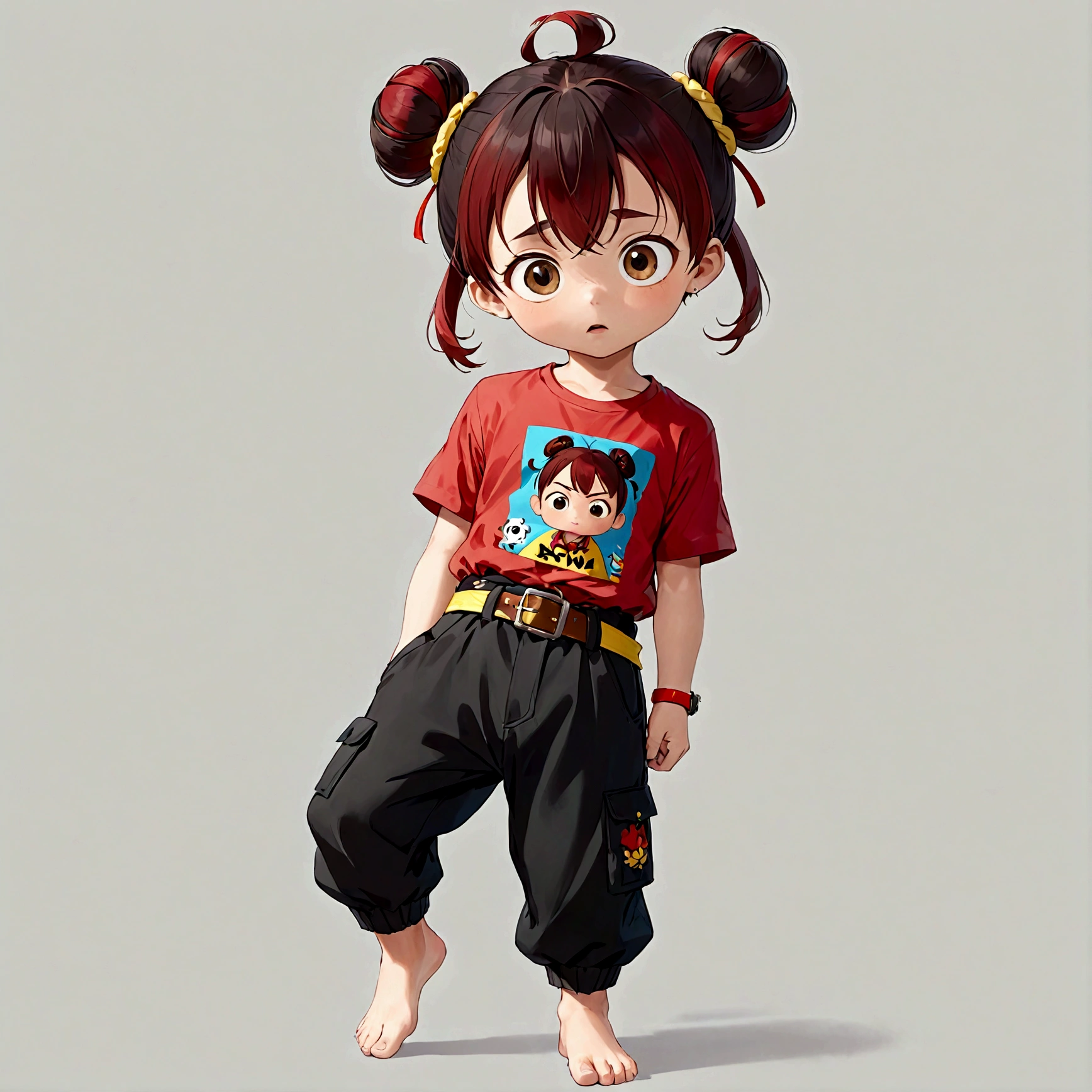 1boy，Cartoon Characters，Double bun，Red hair band，Red shirt，belt，Black pants，barefoot，solo