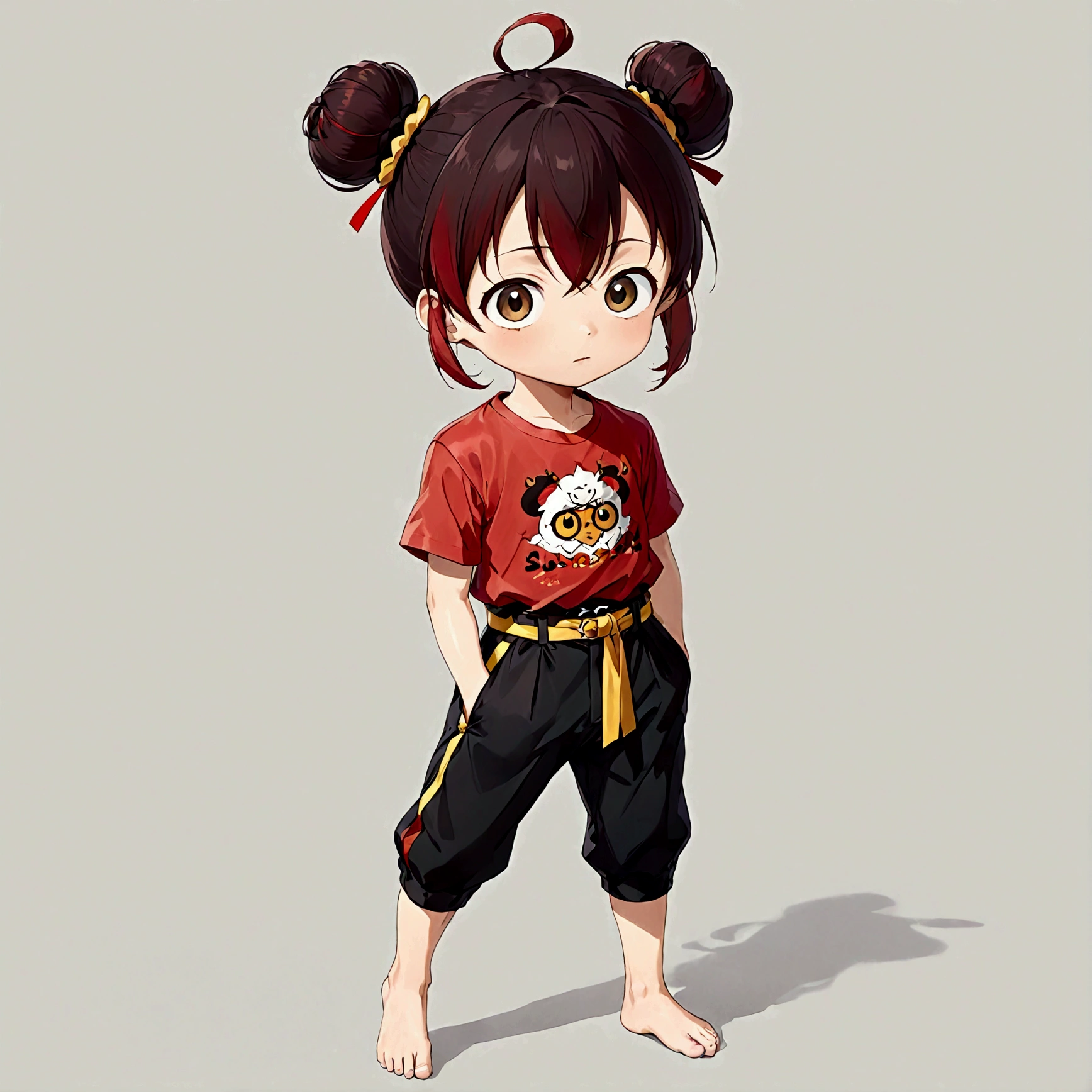 1boy，Cartoon Characters，Double bun，Red hair band，Red shirt，belt，Black pants，barefoot，solo