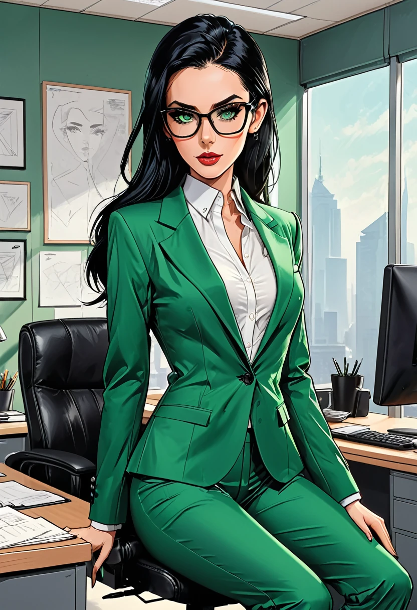 open mouth, serious girl sits in an office chair in black glasses and ((classic green office suit)) and white shirt at office background, girl, adult, [European], Ectomorph elongated body, slim body, skinny, perfect white skin, Long Diamond type Face, Long slim neck, broad shoulders, long slim thin arms, long fingers on the hands, round forehead, Attached Pointed ears,  Long Sleek Straight Ponytail Slicked back black Hair, Hawk long Nose, Upturned Eyes type, Bold Tapered Eyebrows, Angular Narrow Symmetrical Cheekbones, Hollow Cheeks, Square Chin, Square Jawline, Heart Shaped nude Lips, Fine Puppet Wrinkles, (dark green eyes), Cut Crease make up style, Full on Top or Bottom breasts, second breast size, narrow hips, Slim thighs, long slim fitness legs, 

 
graphic style of novel comics,  2d, 8k, hyperrealism, masterpiece, high resolution, best quality, ultra-detailed, super realistic, Hyperrealistic art, high-quality, ultra high res, highest detailed, lot of details, Extremely high-resolution details, incredibly lifelike, colourful, soft cinematic light,