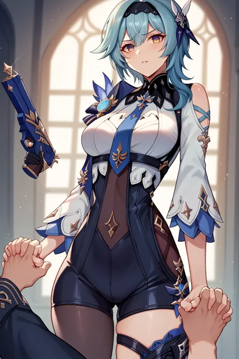 ((best quality)), ((masterpiece)), (detailed), 1girl, eula (genshin impact), police girl, hand holding gun,