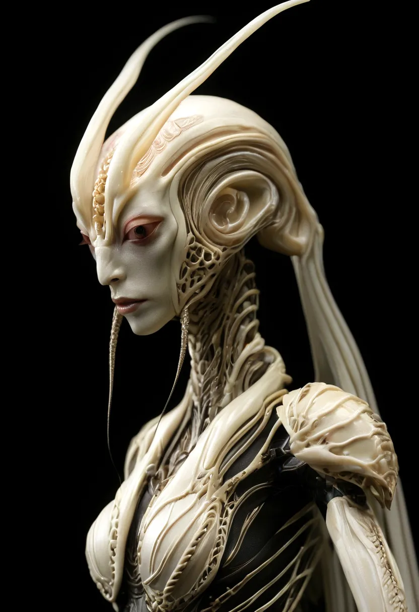 female humanoid orchid mantis, Beautiful, She has four arms, two of which look like braids, in the style of dark fantasy and Gig...