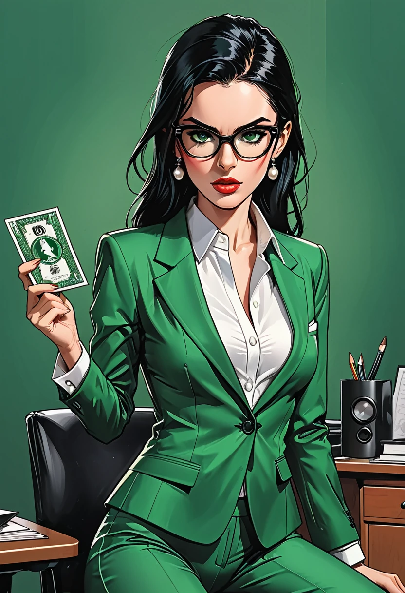 open mouth, serious girl sits in an office chair in black glasses and ((classic green office suit)) and white shirt at dark green office background, girl, adult, [European], Ectomorph elongated body, slim body, skinny, perfect white skin, Long Diamond type Face, Long slim neck, broad shoulders, long slim thin arms, long fingers on the hands, round forehead, Attached Pointed ears,  Long Sleek Straight Ponytail Slicked back black Hair, Hawk long Nose, Upturned Eyes type, Bold Tapered Eyebrows, Angular Narrow Symmetrical Cheekbones, Hollow Cheeks, Square Chin, Square Jawline, Heart Shaped nude Lips, Fine Puppet Wrinkles, (dark green eyes), Cut Crease make up style, Full on Top or Bottom breasts, second breast size, narrow hips, Slim thighs, long slim fitness legs, 
the girl holds metal plate witha green pearl in her hand, metal plate with a pearl in her hand,
 
graphic style of novel comics,  2d, 8k, hyperrealism, masterpiece, high resolution, best quality, ultra-detailed, super realistic, Hyperrealistic art, high-quality, ultra high res, highest detailed, lot of details, Extremely high-resolution details, incredibly lifelike, colourful, soft cinematic light,