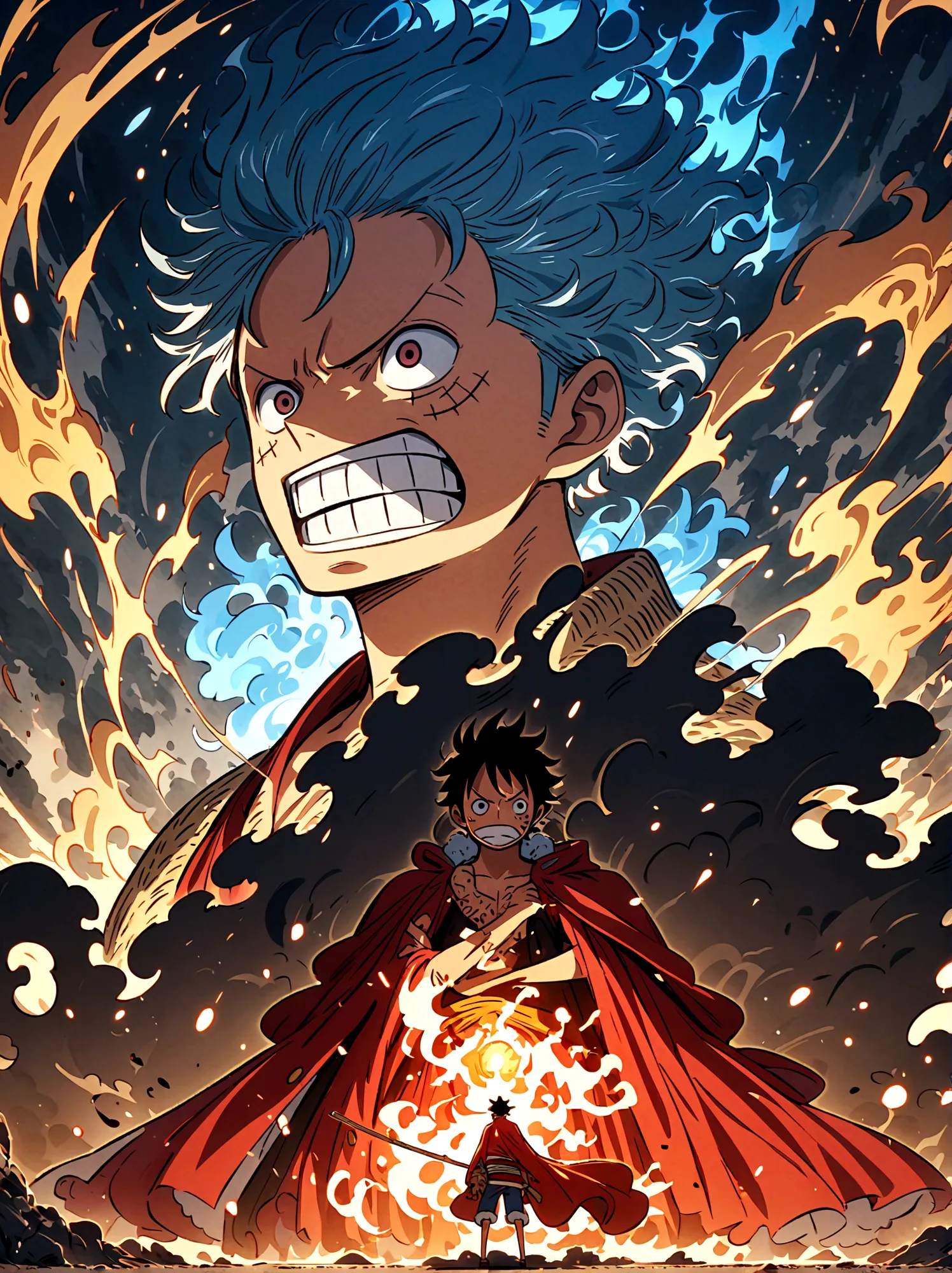 Create an exciting poster with Luffy from "one piece" em um ataque de raiva, wolf-headed. Capture the essence of his fiery deter...