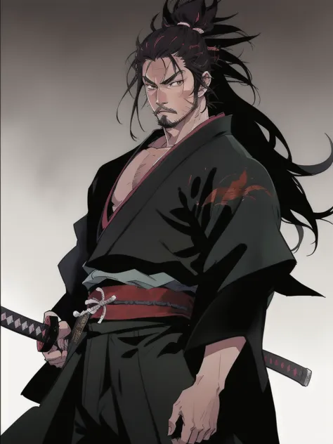 miyamoto musashi,kimono,scar,long hair,beard,manga,colorful,looking at camera,handsome,charismatic, katana, standing, fighting s...