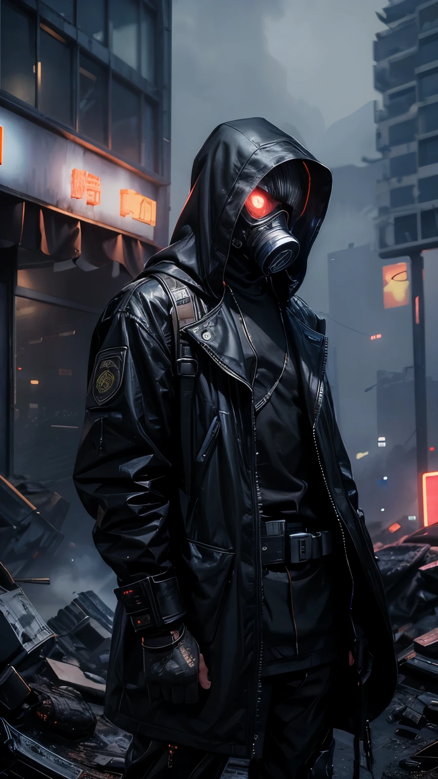 Male, wearing a black gas mask that covers his face, the gas mask has yellow accents and yellow details on the eyes and filter, black clothing with cyberpunk design, metallic texture and mechanical decorations in some places, deep black hood, slender and tall, tight clothing with visible body lines, facing front, composition like a scene from a movie, Dutch angle, ruthless, calm, cruel, and merciless. Slender and tall, tight clothing that reveals body lines, drawn to the upper body, facing forward, composition like a scene from a movie, Dutch angle, ruthless and calm, ruthless and ruthless in his pursuit of his opponents, cold-blooded thinking with no means to an end, air pollution and toxic fumes in the air, dystopian environment Dystopian environment.