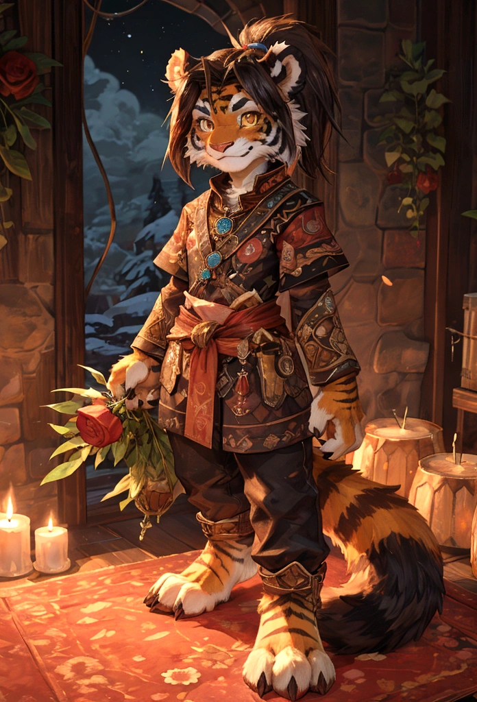 (4fingers), small_round_ears, small_panda_ears, pandaren, world_of_warcraft, furry, anthropomorphic, fluffy_tail, foxtail, cfemale, claws, red_panda, tiger_stripes, tiger_face, flat_chested, teen, teenager, amber_eyes, (pupils), (tiger_legs), black_left_foot, white_right_foot, (four_fingers), waist_long_ponytail, brown_hair, ((three_toes)), ((3toes)), ((detailed_eyes)), ((detailed_face)), detailed_hands, holding a rose, smiling,