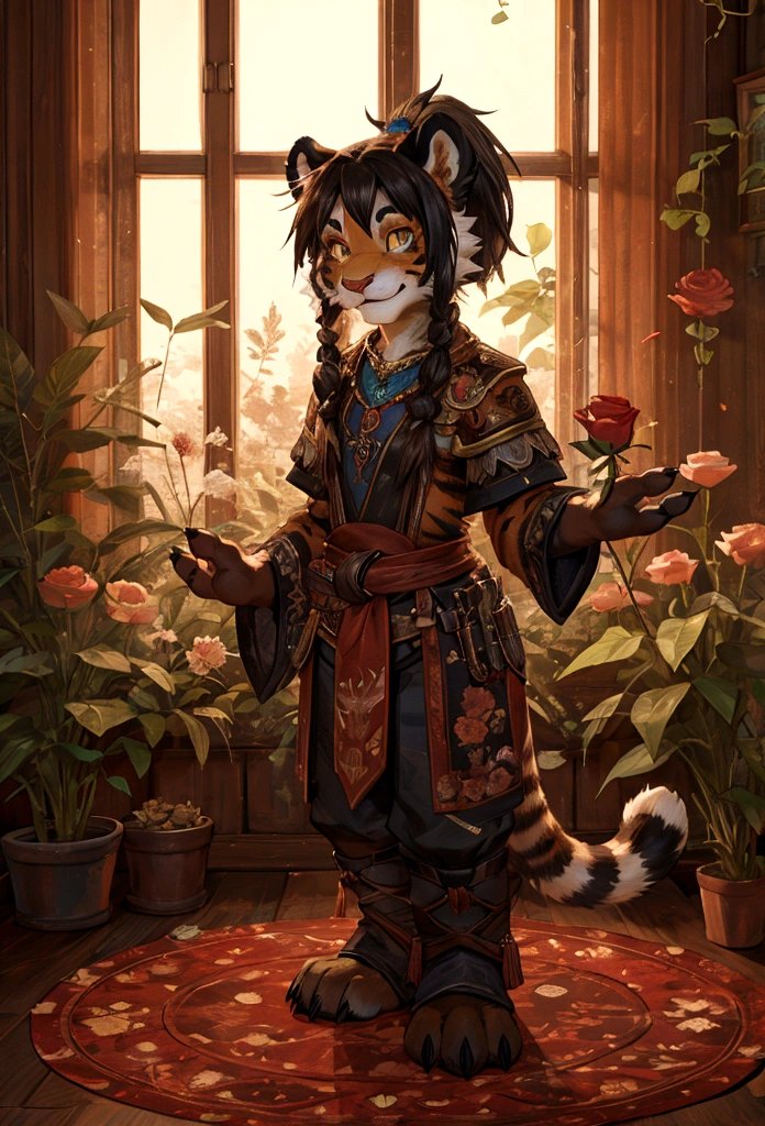 (4fingers), small_round_ears, small_panda_ears, pandaren, world_of_warcraft, furry, anthropomorphic, fluffy_tail, foxtail, cfemale, claws, red_panda, tiger_stripes, tiger_face, flat_chested, teen, teenager, amber_eyes, (pupils), (tiger_legs), black_left_foot, white_right_foot, (four_fingers), waist_long_ponytail, brown_hair, ((three_toes)), ((3toes)), ((detailed_eyes)), ((detailed_face)), detailed_hands, holding a rose, smiling,