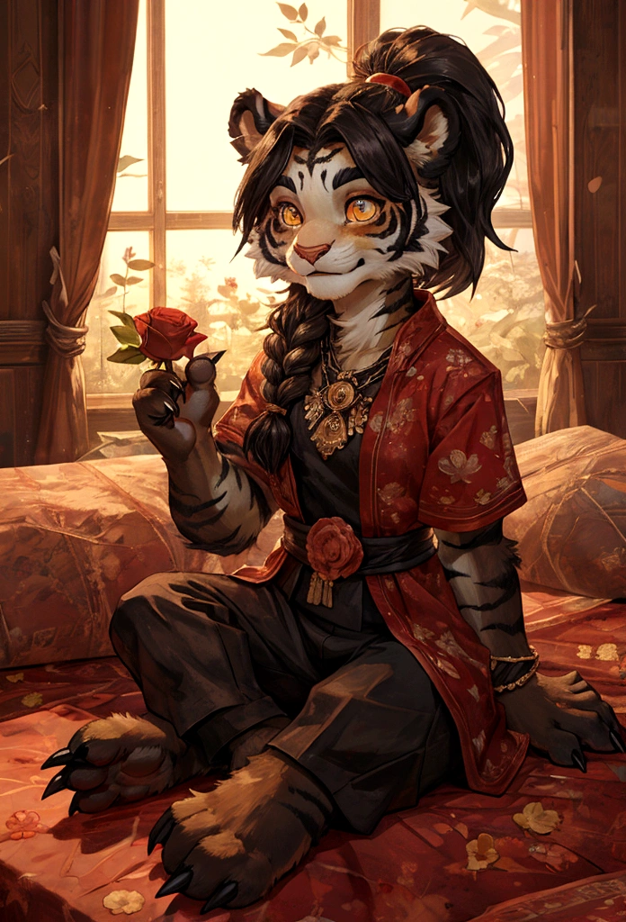 (4fingers), small_round_ears, small_panda_ears, pandaren, world_of_warcraft, furry, anthropomorphic, fluffy_tail, foxtail, cfemale, claws, red_panda, tiger_stripes, tiger_face, flat_chested, teen, teenager, amber_eyes, (pupils), (tiger_legs), black_left_foot, white_right_foot, (four_fingers), waist_long_ponytail, brown_hair, ((three_toes)), ((3toes)), ((detailed_eyes)), ((detailed_face)), detailed_hands, holding a rose, smiling,