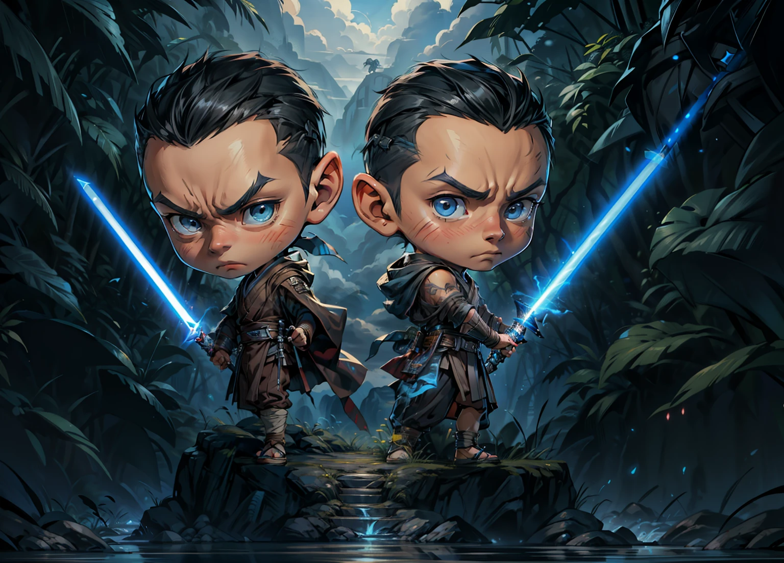 1boy, Two young jedi, Chibi, Serious face, black hair, muscular, ((jedi outfit)), holding blue light saber, blue sky, cloud