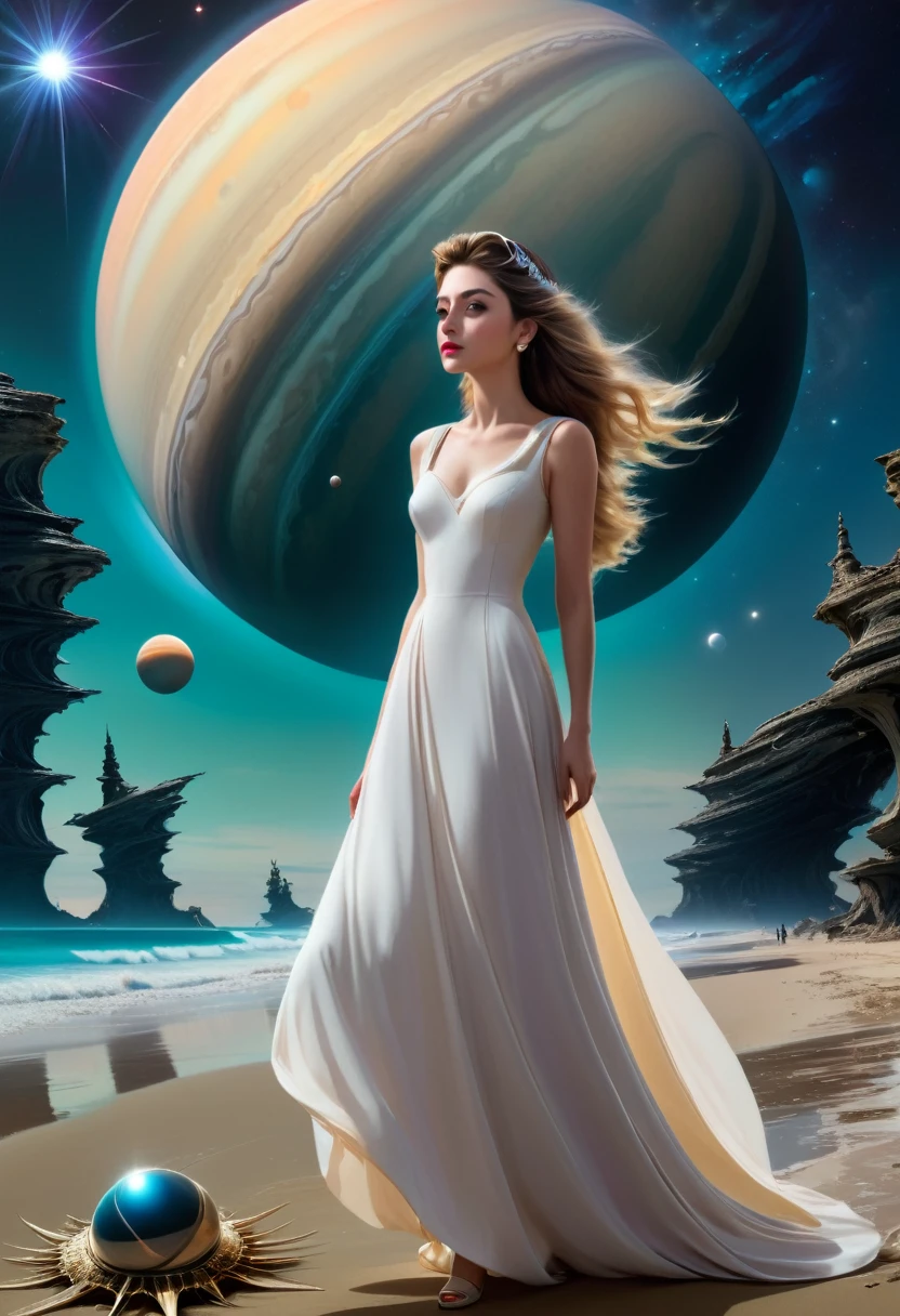 土星の近くのビーチにいる王女, マスカラ, 魔女の目覚め, 水曜日に死が忍び寄る, 天体の, 渦巻き現象, スパイ, ウィザード --ar 4:5 --s 334 --c 15 --w 904 --q 1