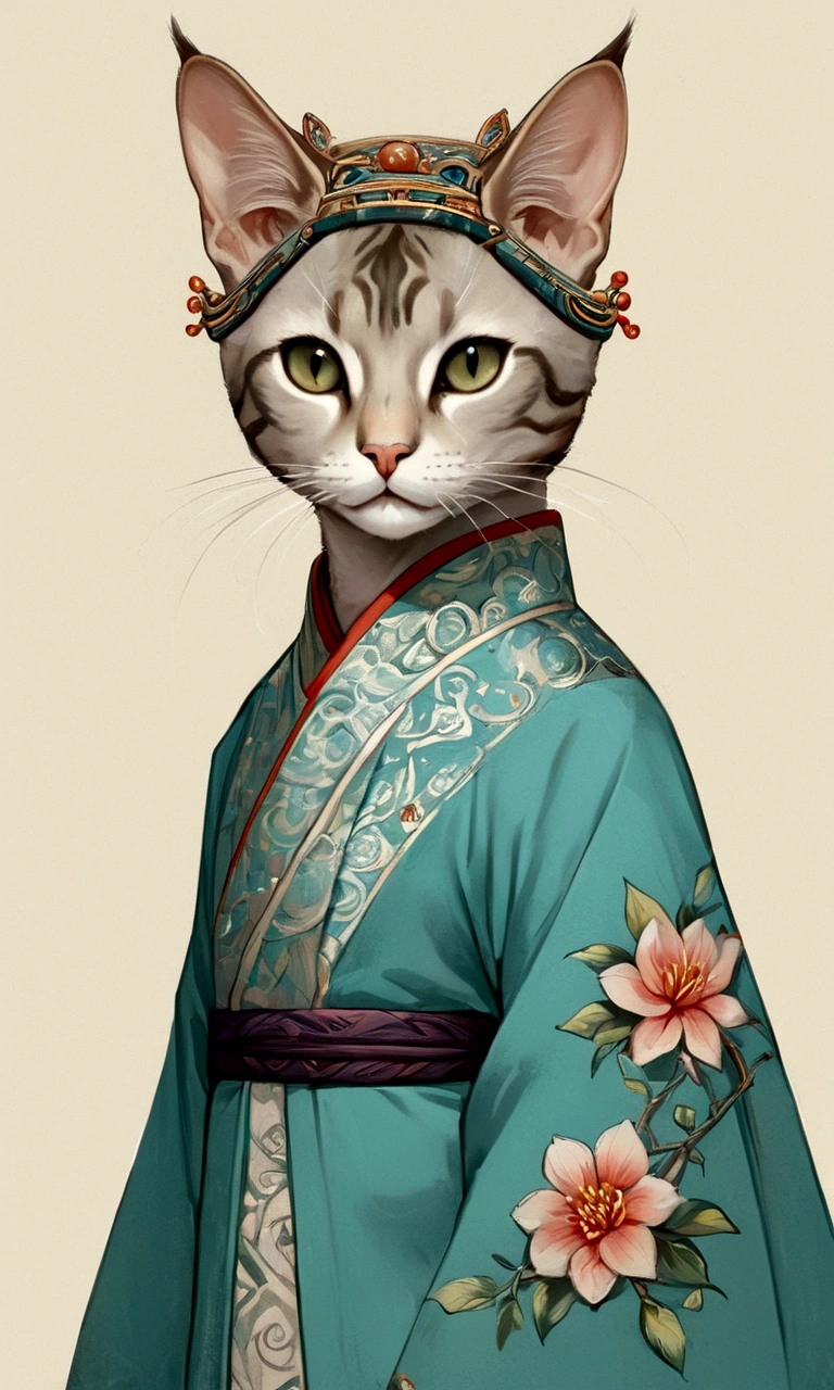 (細部まで非常に正確な描画)(非常に正確な表現)上半身,,古代アジアの雰囲気, 見事な漢服の東洋猫(猫特有の体の部位すべて) 神聖な幾何学模様の豪華な漢服のドレスを着て、大きな花の漢服のヘッドピースをつけた髪をしています。.大きな目, 高品質の線画,無地の背景,線画1枚,ビルマ猫, シンガポールペイント, 平らなターコイズブルーがかった緑のアジアの背景