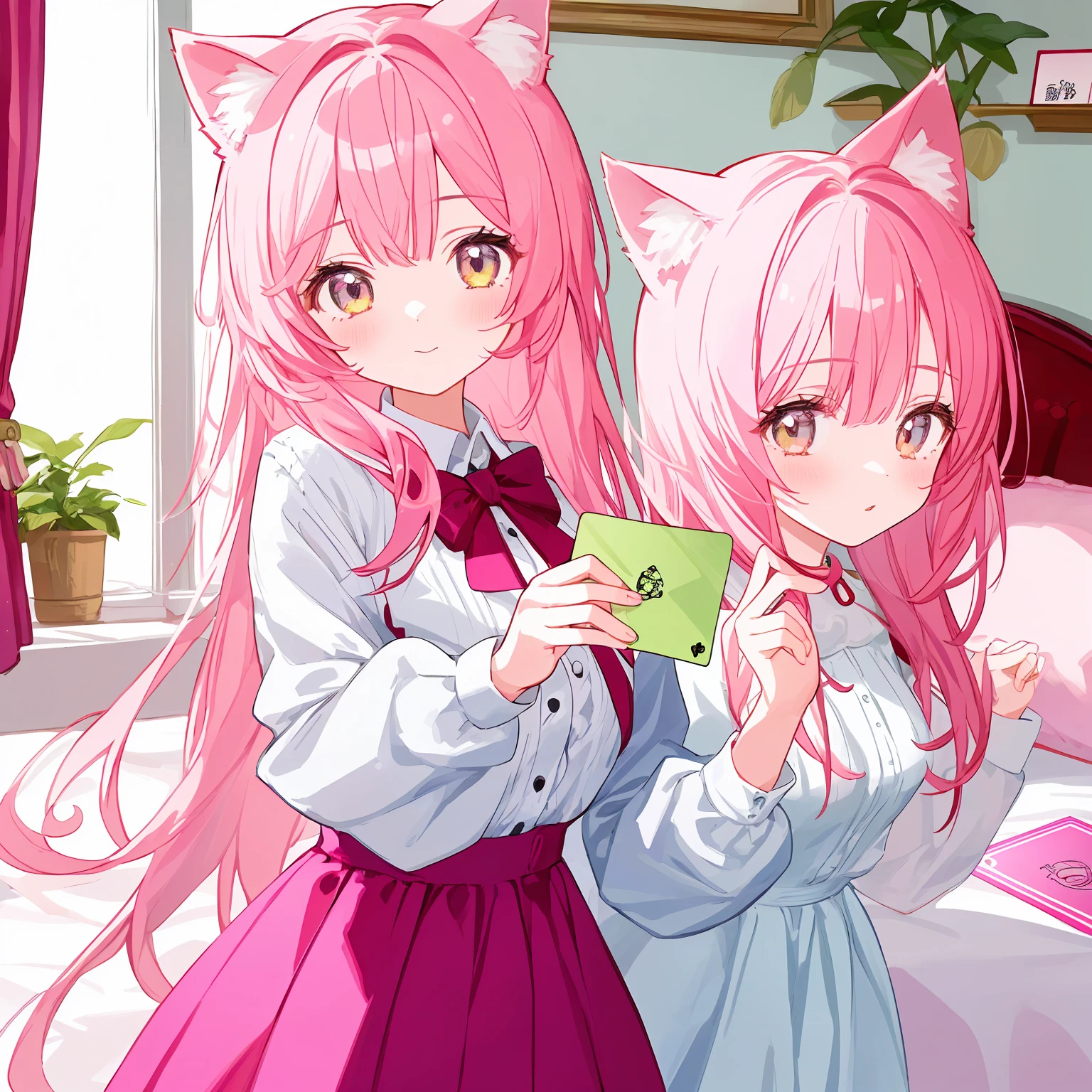  masterpiece, top quality, best quality, official art, beautiful and aesthetic, animation,, 1girl with cat ear and pink hair, bedroom, hold up a card that says myself -qwen ,