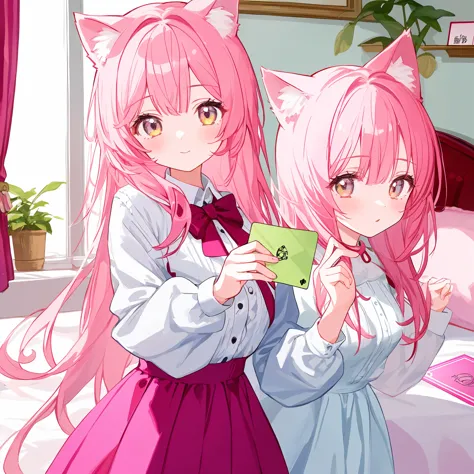  masterpiece, top quality, best quality, official art, beautiful and aesthetic, animation,, 1girl with cat ear and pink hair, be...