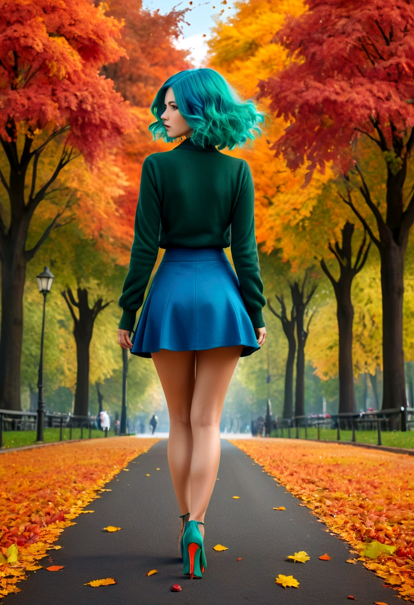 a model shot of woman walking in the park at autumn, a young woman, wearing a (short blue skirt: 1.1), (green hair: 1.1), long hair, wavy hair, high heels, strolling in the park at autumn, a shot from the rear, she is leaving, no looking back, there are leaves on the road, many leaves in red, orange and brow, full spectrum, vibrant colors, urban park at autumn background, trees with orange, red, yellow leaves, a sense of departure, glamours shot, best quality, 16k, RAW, award winning, [ultra detailed], masterpiece, best quality, (ultra detailed), full body,  photorealistic, 3D rendering, Cinematic Hollywood Film