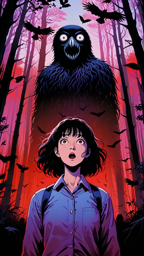 illust、art、from 80s horror movie, directed by Junji Ito、in the forest、A woman with a scared expression、Countless crows are flyin...