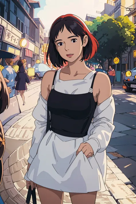 a woman wearing a white dress and a black suspender poses for a photo, beautiful latin face, ghibli style, ((masterpiece)),((bes...