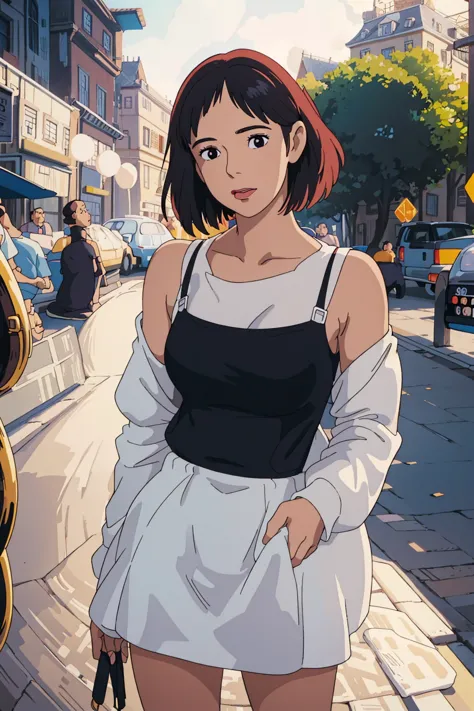 a woman wearing a white dress and a black suspender poses for a photo, beautiful latin face, ghibli style, ((masterpiece)),((bes...