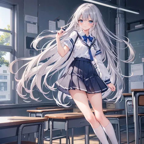 ((highest quality)(High resolution),1 high school student,A light smile,(Straight hair with gray hair),(Bright Blue Eyes),Black ...