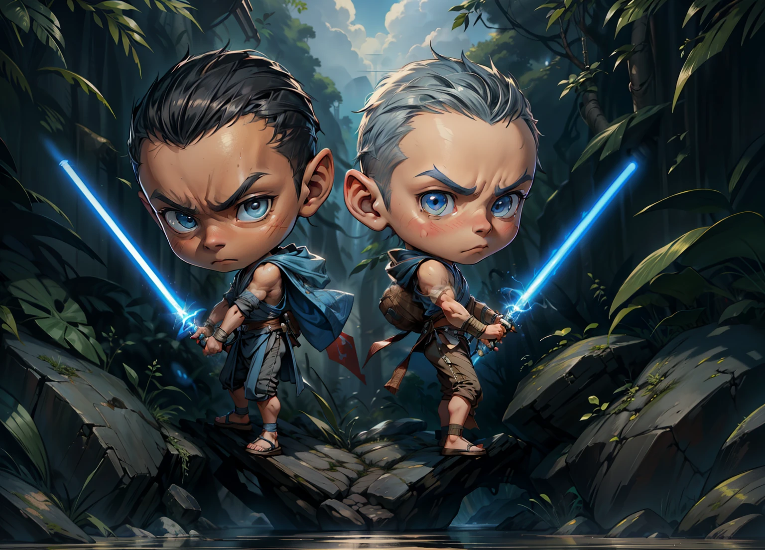 1boy, Two young jedi, Chibi, Serious face, black hair, muscular, ((jedi outfit)), holding blue light saber, blue sky, cloud