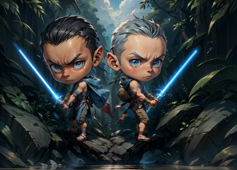 1boy, two young jedi, chibi, serious face, black hair, muscular, ((jedi outfit)), holding blue light saber, blue sky, cloud