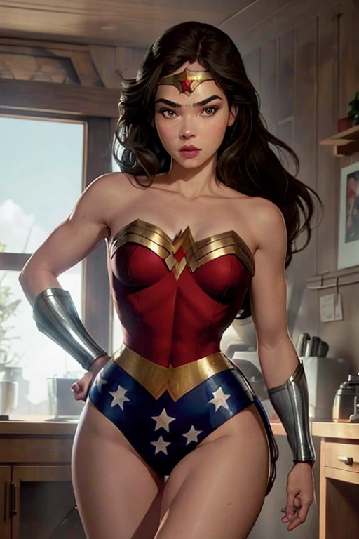 PhotoRealistic Art Style Best Qualit:1.3, Natural Beauty, Masterpiece, Full Body View Visible, Hailee Steinfeld, Perfectly Accurate Face Proportion,Realistic Light Hazel Brown Eyes, Thick Eyebrows, Brown hair, slim toned Thighs, tight ass, perky round breast , slim athletic body type, perfect body type, wonder woman, Poised for Action: In a slightly bent-knee stance, the tight suit accentuates Wonder Woman's buttocks and the curve of her lower back. Her readiness for action is highlighted by the form-fitting fabric clinging to her powerful frame.