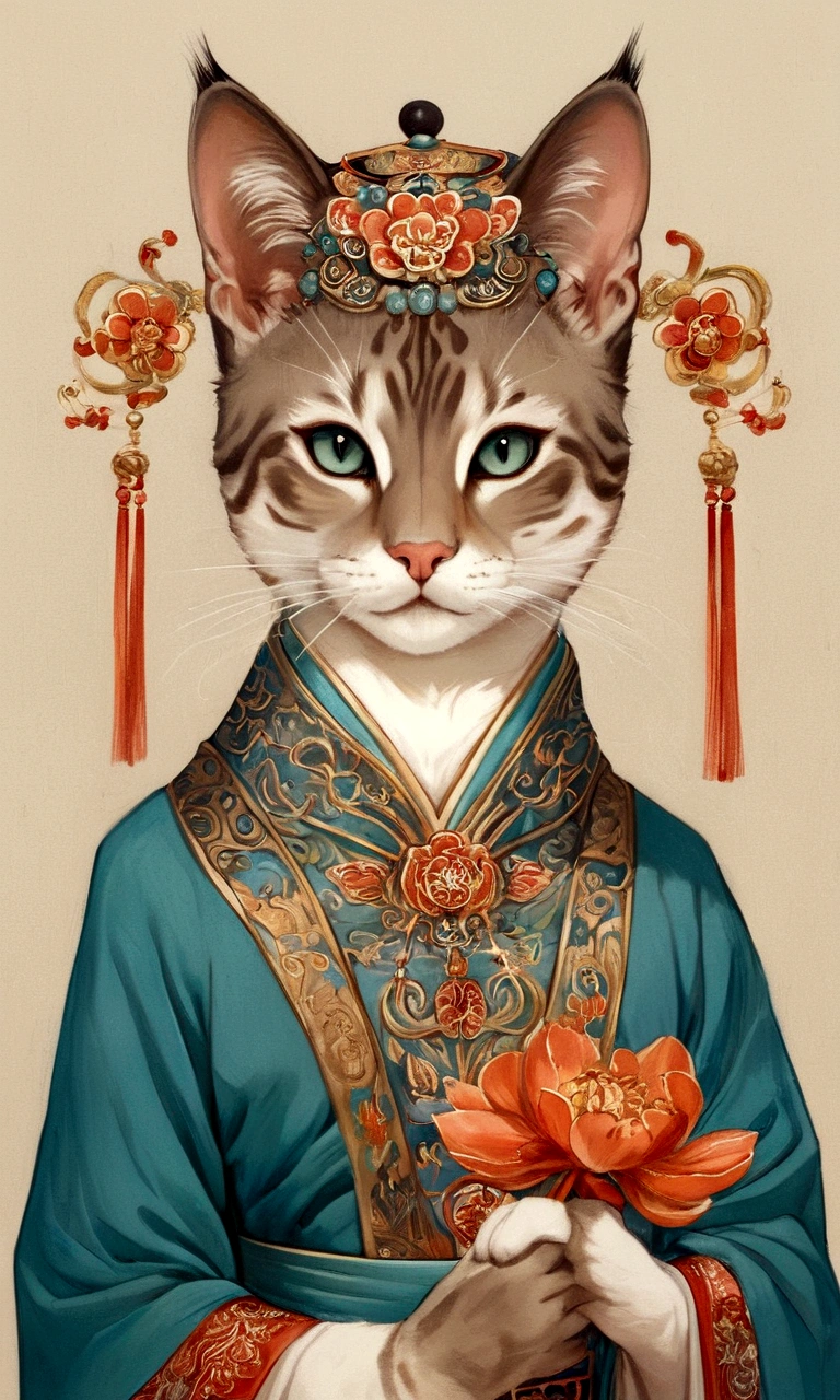 (Desenho altamente preciso em todos os detalhes)(representação extremamente precisa)tronco,,vibração da Ásia antiga, um impressionante gato oriental hanfu(com todas as partes corporais específicas do gato) vestida com um lindo vestido hanfu com padrões geométricos sagrados e cabelo com grande flor hanfu na cabeça.olhos grandes, linhas de alta qualidade,Fundo simples,1 desenho de linha,gato da Birmânia, singapura cat, fundo asiático liso turquesa-verde-azulado