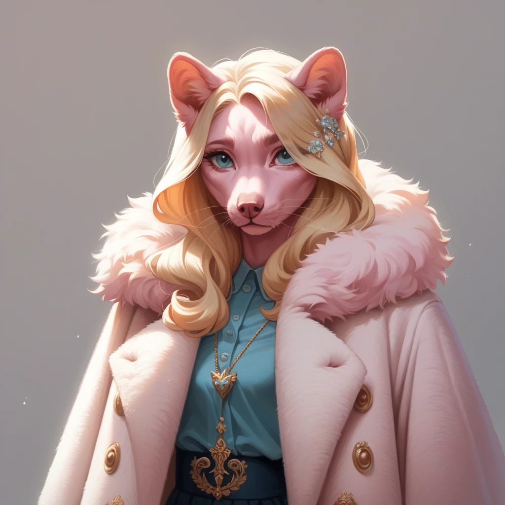 lovely bearded woman, blonde hair Voluminous Bob Lob, wears pink fur coat bling bling