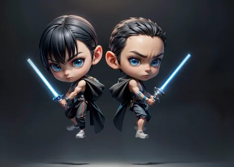 1boy, two young jedi, chibi, serious face, black hair, muscular, ((jedi outfit)), holding blue light saber, blue sky, cloud