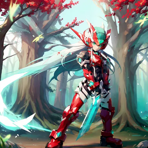 megzeromyth2023, 1boy, long white hair, red armor, green energy sword, high quality, masterpiece, standing with green flames com...
