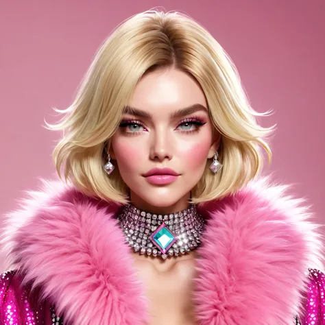 
hugely bearded woman to cheeks and neck, voluminous bob lob blonde hair, shaggy hairy hands, wears bling bling pink fur coat