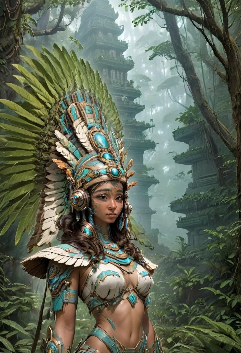 A youthful Latina woman, standing in the forest, with Mayan temples behind her. She is dressed in ancestral fashion with a futuristic modern style. Her headdress is like an ancient Aztec sculpture but with advanced tech, headphones headdress, aztec-mayan headdress, and LED lights. The year is 2222. She is set in a retro-futuristic world, surrounded by mystical sparkles that resemble blue-white blinking fireflies. The fusion of mystery and ancestry with advanced technology creates a unique atmosphere. Myan temples on in the distance. She is wearing a backpack and is shown from the waist up, heading to out on a quest to learn about ancient wisdom and new technology."
