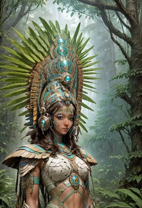 A youthful Latina woman, standing in the forest, with Mayan temples behind her. She is dressed in ancestral fashion with a futur...