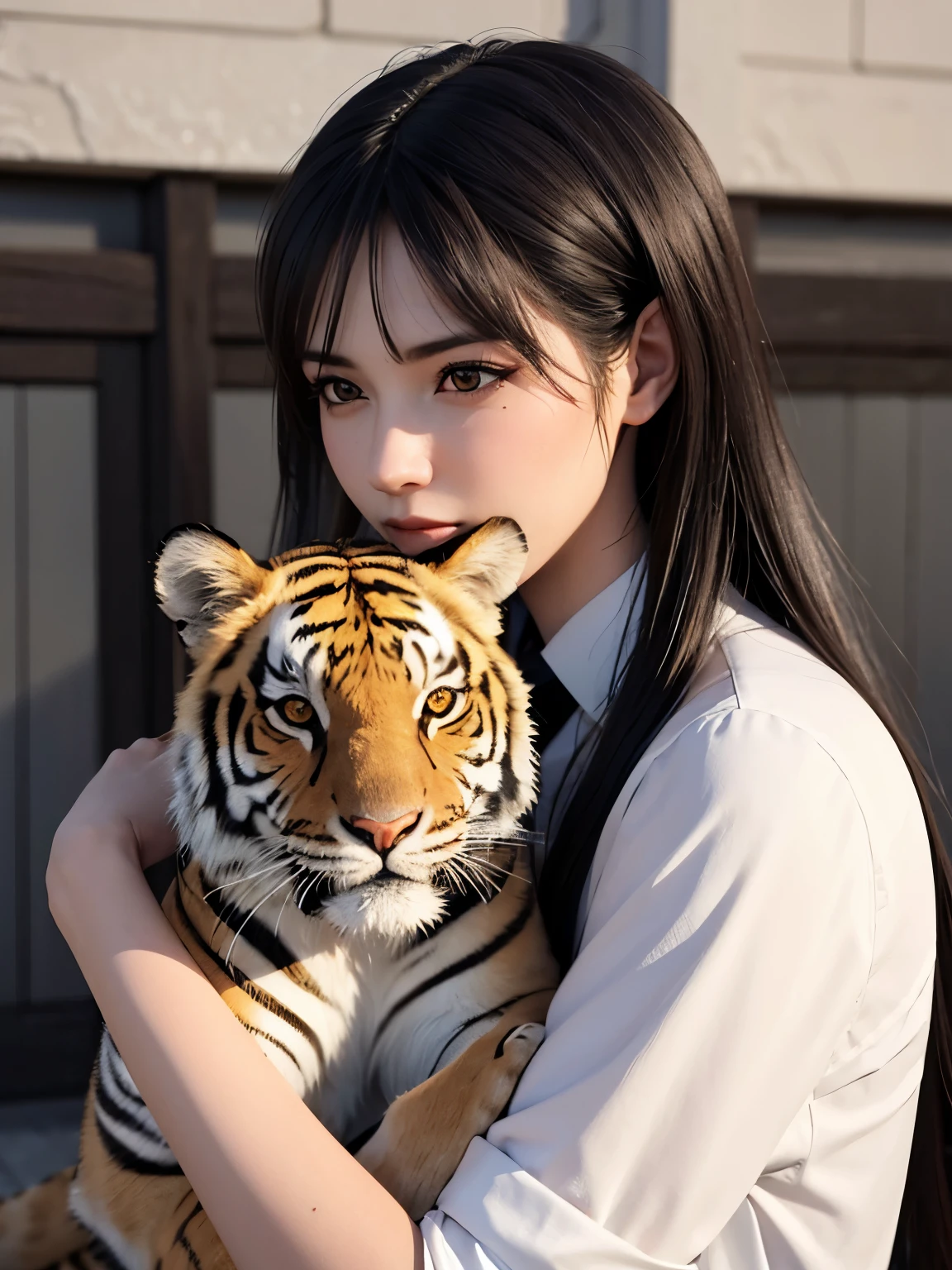 ((highest quality)), (detailed), (3D), (head shot), (Profile shot), (close), Beautiful Middle Eastern woman holding a tiger&#39;s head on her head, High resolution, 4K 