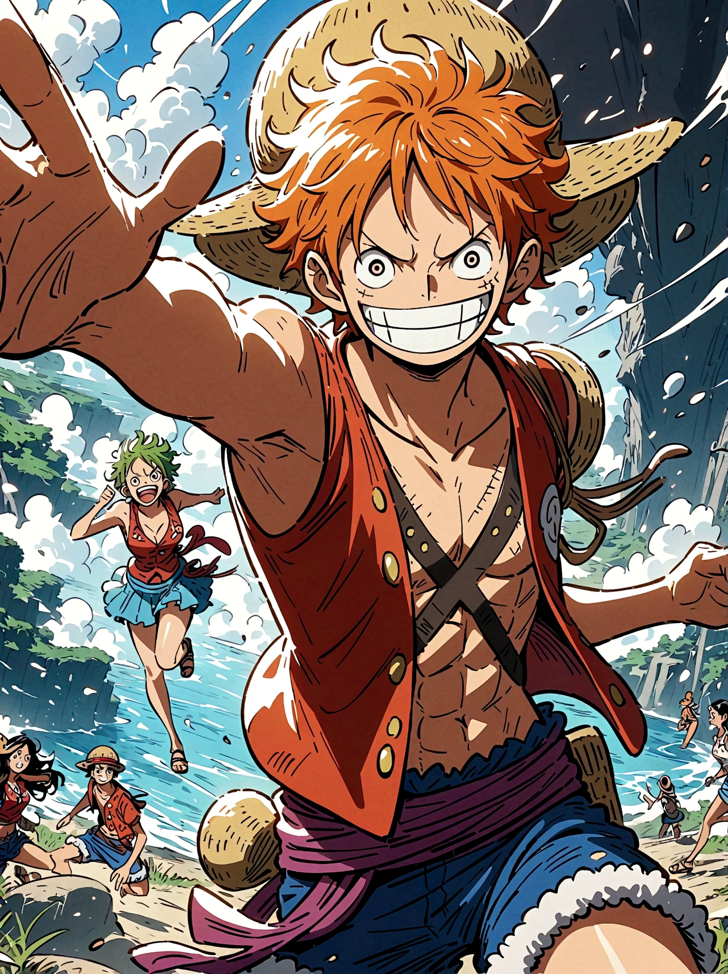 Japanese anime One Piece, Nami, Luffy, Create an expansive illustration  reminisc - SeaArt AI