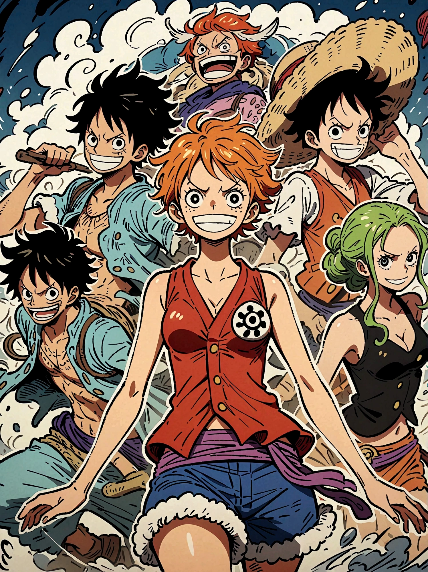 Japanese anime One Piece, Nami, Luffy, Create an expansive illustration  reminisc - SeaArt AI