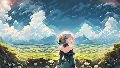 A flower field　Small Grave　A woman in her twenties with short silver hair prays alone　Back view　Sunny skies　Vision　Landscape ill...
