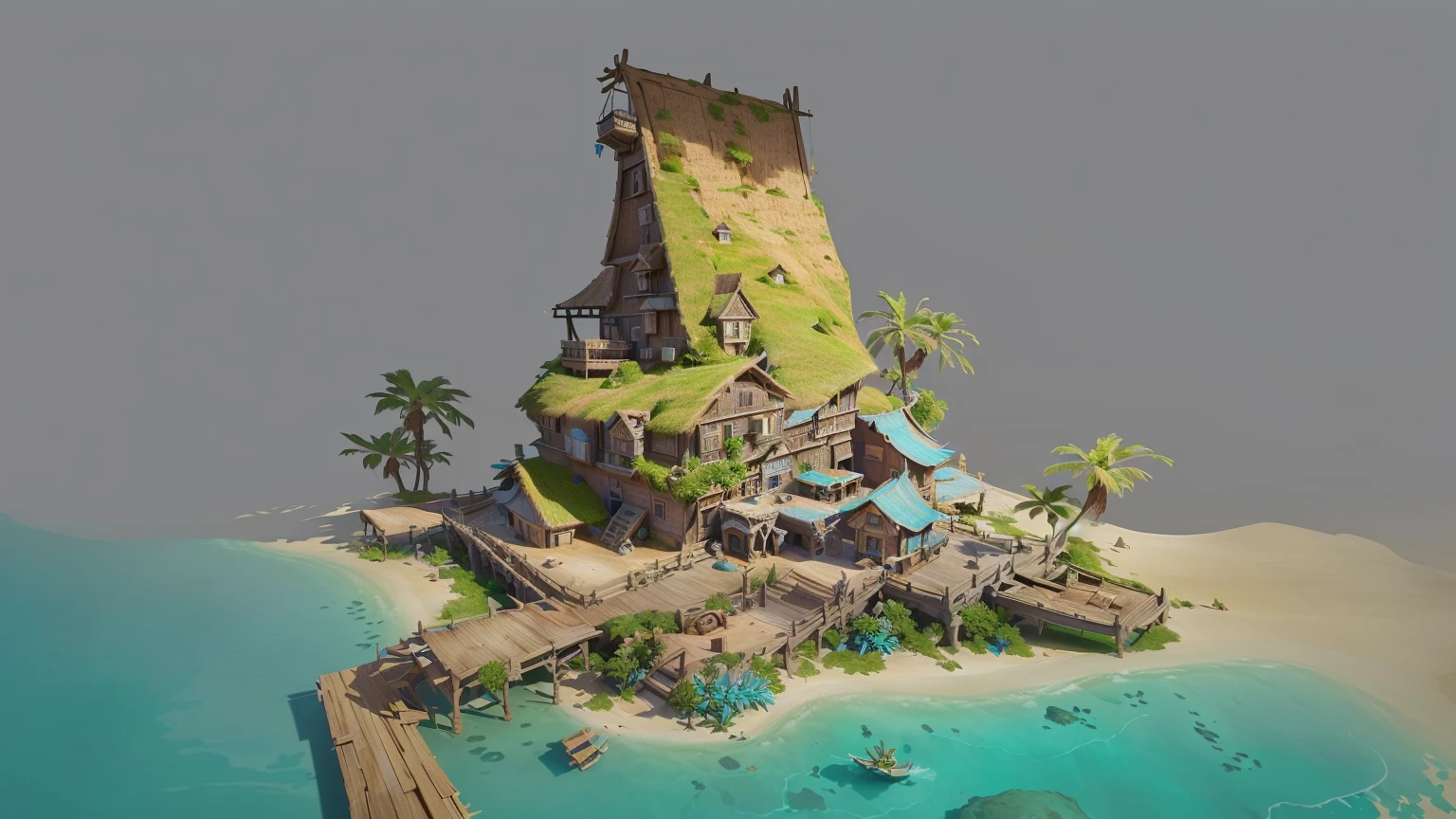 Alafid Island with a wooden bridge and a small house, 3D rendering style, stylized concept art, Depicted as game concept art, Concept art is very detailed, Roland Zilvinsky 3D Rendering Art, Stylized 3d rendering, Created by senior environment artists, environment design illustration, Concept art style, Detailed digital concept art, Concept Art Illustration