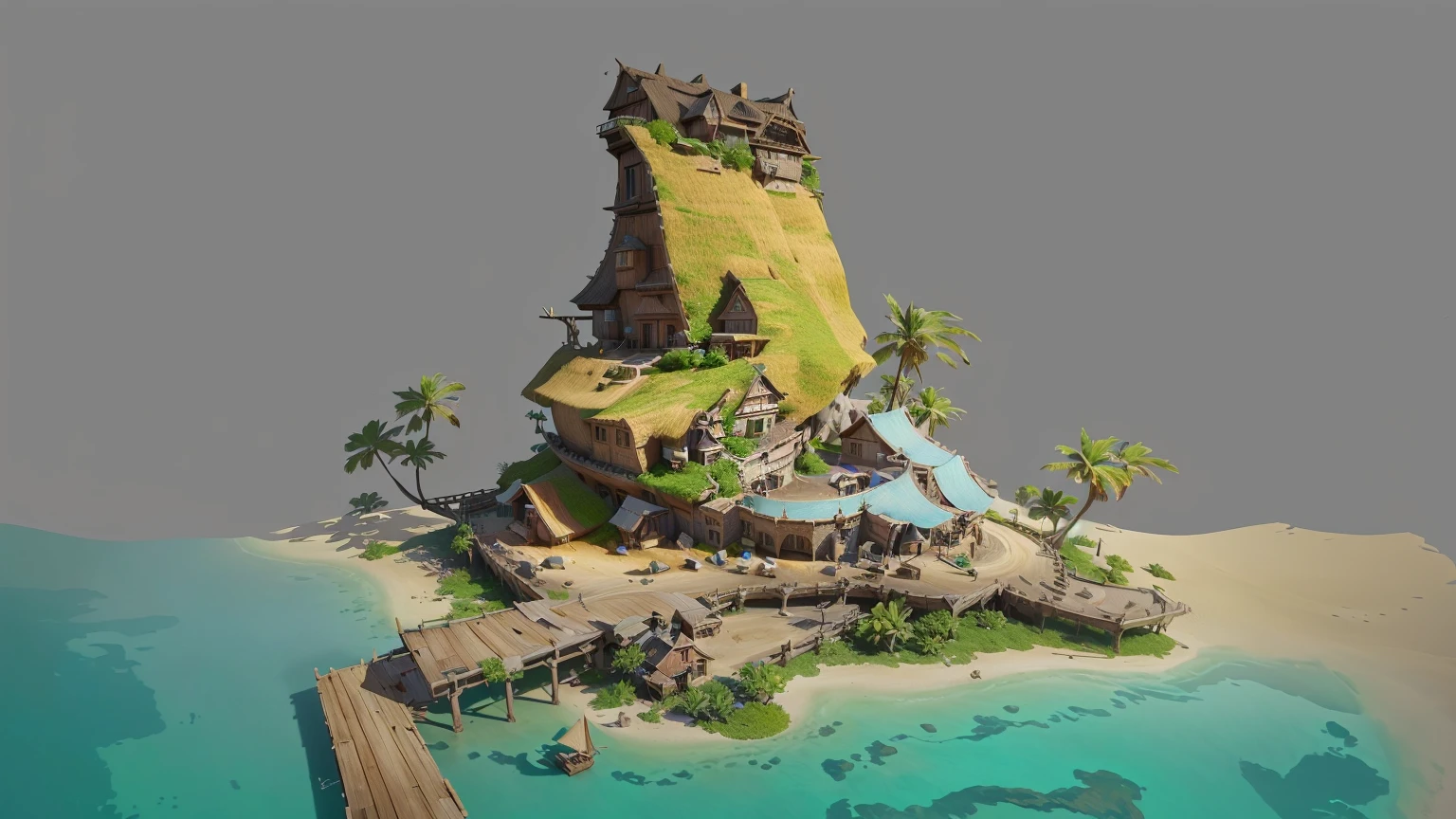 Alafid Island with a wooden bridge and a small house, 3D rendering style, stylized concept art, Depicted as game concept art, Concept art is very detailed, Roland Zilvinsky 3D Rendering Art, Stylized 3d rendering, Created by senior environment artists, environment design illustration, Concept art style, Detailed digital concept art, Concept Art Illustration