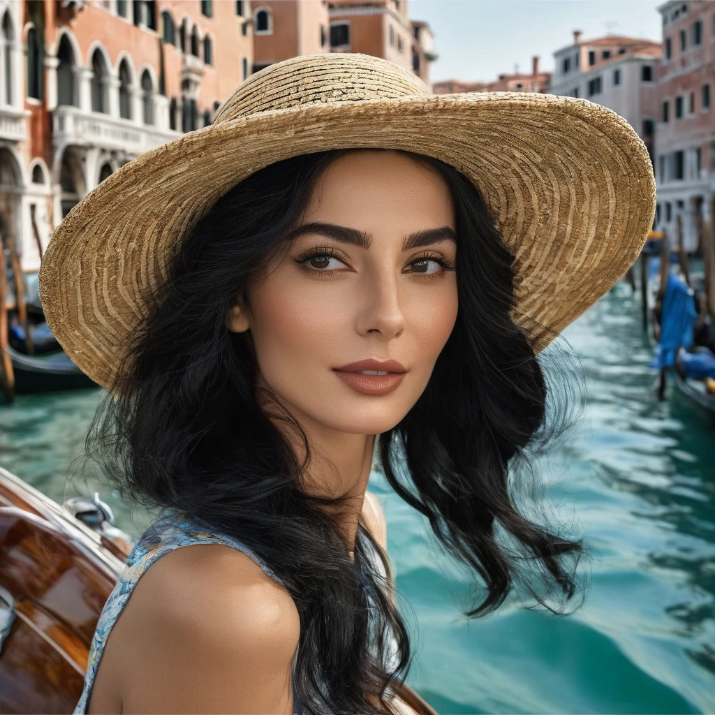 
ultra detailed masterpiece, Italian woman, mid-length black hair, black eyes, intense and seductive gaze, shy smile, wears a blue hat, on a boat in Venice