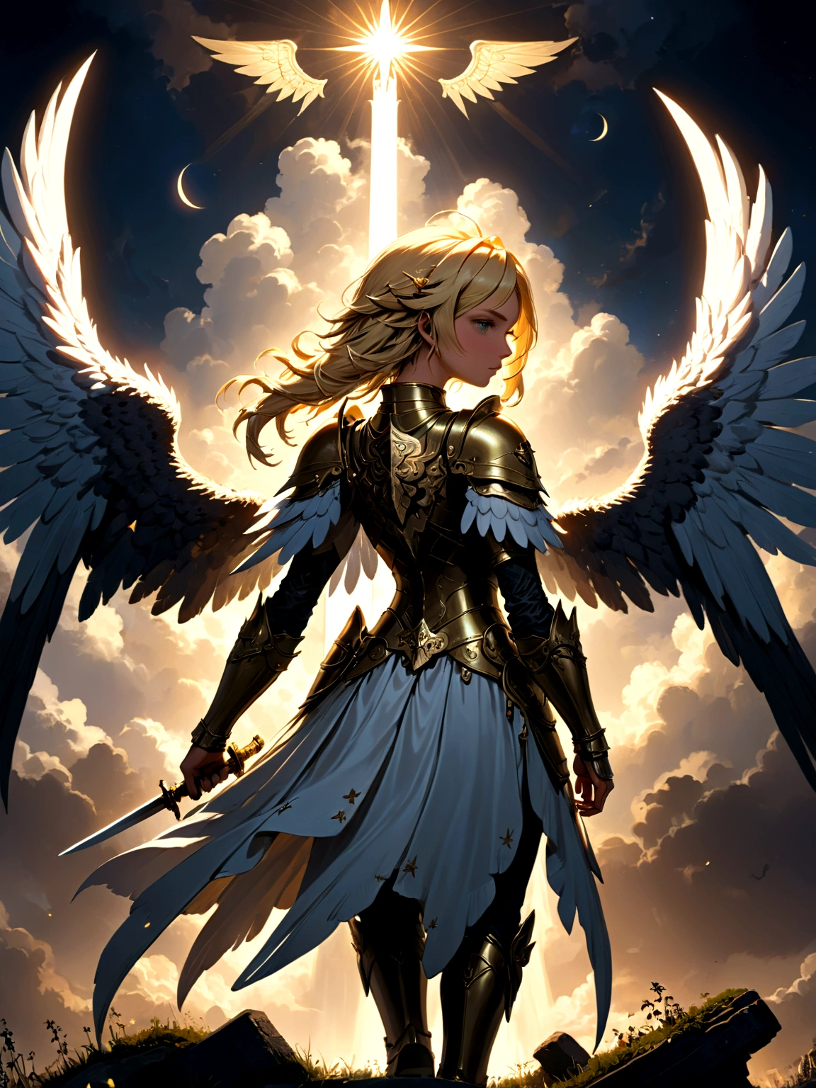 a model shot (taken from the back: 1.5), 16K, ultra detailed, masterpiece, best quality, (extremely detailed), arafed, dnd art, portrait, full body, aasimar, female, (Masterpiece 1.3, intense details), female, paladin, holy warrior, spread large feathered wings, (wings growing from the back: 1.3), majestic wings, white angelic wings spread (Masterpiece, intense details: 1.5), moon light, moon, stars, clouds, holy symbol, armed with sword, short blond hair, dark fantasy cemetery background, anatomically correct (Masterpiece 1.3, intense details), angel_wings, determined face, god rays, cinematic lighting, glowing light, silhouette, from outside, photorealism, panoramic view (Masterpiece 1.3, intense details) , Wide-Angle, Ultra-Wide Angle, 16k, highres, best quality, high details, armored dress
