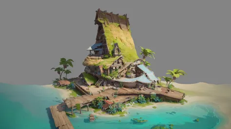 Alafid Island with a wooden bridge and a small house, 3D rendering style, stylized concept art, Depicted as game concept art, Co...