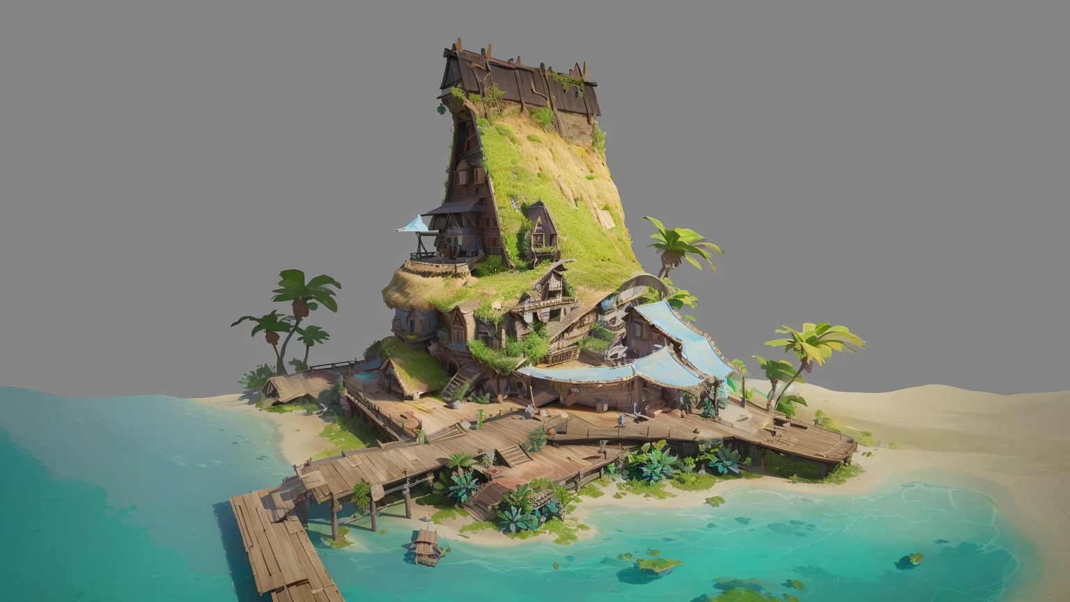 Alafid Island with a wooden bridge and a small house, 3D rendering style, stylized concept art, Depicted as game concept art, Concept art is very detailed, Roland Zilvinsky 3D Rendering Art, Stylized 3d rendering, Created by senior environment artists, environment design illustration, Concept art style, Detailed digital concept art, Concept Art Illustration